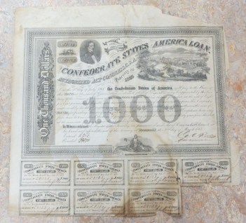 One thousand dollars. No. 28123 Eight per cent, July 1, 1868. The Confederate States of America Loan. Authorized act of Congress. C.S.A. February 20, 1863 On the 1st day of July 1868, the Confederate States of America will pay to the Bearer of the Bond, at the seat of government or at such place of deposit as may be appointed by the Secretary of the Treasury, the sum of ONE THOUSAND DOLLARS with interest there on from date, at the rate of eight per cent per annum payable sum annually on the surrender of the annexed Coupons. This contract is authorized by an act of Congress approved February 20, 1863 entitled [and set to] authorize the issue of BONDS for funding Treasury notes and is upon the [express] conditions that said Confederate States may from time to time extend the time of payment for any period not exceeding thirty years from this date at the rate of interest, upon the surrender of the Bond. In Witness whereat the Register of the Treasury in pursuance of said act of Congress hath here unto ser his hand and affixed the seal of the Treasury at Richmond, this 2nd day of March 1863.