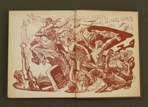 Back cover panel mural inside of "Uncle Tom's Cabin" (1929) by Harriet Beecher Stowe. It states, "But his soul goes soul marching on goes on on!"