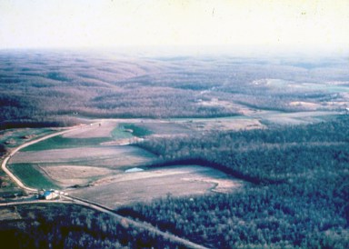 Aerial view of The Farm in Summertown, Tenn., c. 1975. (Source: Robert Rosenthal Collection, CS 665-5619)