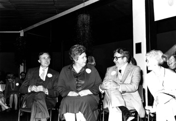 Left to Right: David L. Rice, Betty Rice, Rolland Eckels, and Edith Bates, November 1980. Source: University Archives and Special Collections, UP 5364