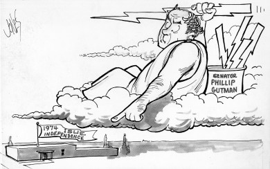 ISUE Independence Cartoon: Left to Right: Wright Administration Building with banner, "1974 ISUE Independence" as a man who resembles Zeus holding a thunderbolt labeled, "Senator Phillip Gutman".