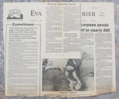 Evansville Courier newspaper headline over Jonestown, 1978. Source: CS 462.