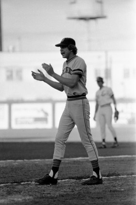 Mark "the Bird" Fidrych at Bosse Field. He played for the AAA Evansville Triplets of the American Association in 1975 before being called up to the Detroit Tigers. Bosse Field (1701 N Main St./23 Don Mattingly Way) opened in 1915 and is the third oldest ballpark still in professional baseball use, 1977. Source: Gregory Smith Collection, MSS 034-1707.