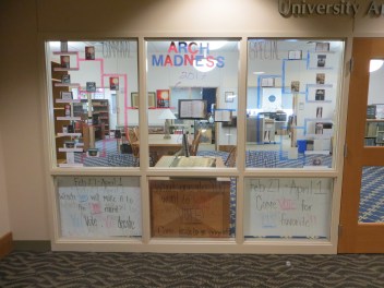 Arch Madness brackets outside of RL 3021, 2017. Credit: James Wethington.