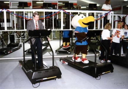 (Left to Right): Dr. H. Ray Hoops and Archibald Eagle at Recreation and Fitness Center, 1997. Source: University Archives and Special Collections, UP 02520.