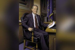 Portrait of Frank O'Bannon, former governor of Indiana, created by Michael Allan Chelich, n.d. Source: in.gov/governorhistory