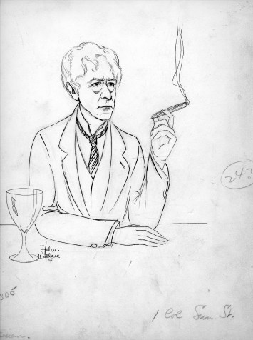 Sketch of Kenesaw Mountain Landis smoking a cigar by Helen Wallace, n.d. Source: Helen Wallace collection, MSS 056-012.