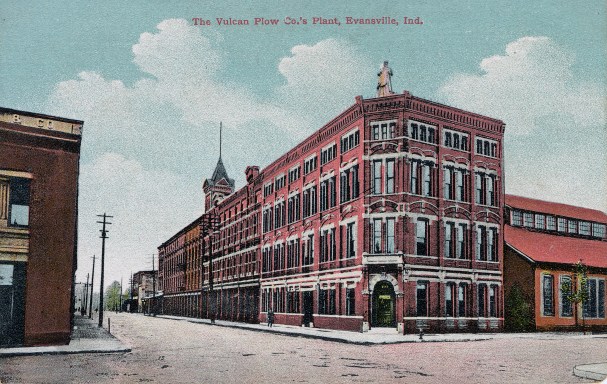 "The Vulcan Plow Co.'s plant, Evansville, Ind." at 101 1st St., formerly 101-27 Lower 1st St. The City Foundry was formed by William Heilman and his brother in-law, Christian Katz, in 1847, with the name changed to Vulcan Plow Works after the death of Heilman in 1890. This building was razed in 1957 with only a small portion in the rear remaining. The statue of Vulcan seen atop the front corner is now housed at the Evansville Museum.", n.d. Source: University Archives and Special Collections (RH 033-034)