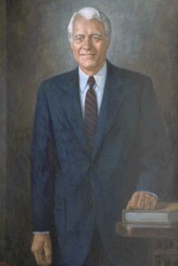 Oil on canvas portrait of former governor, Robert D. Orr, drawn by Lucian Lupinski, n.d. Source: in.gov/governorhistory/