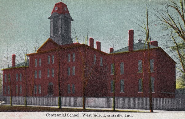 Postcard of the old Centennial School, c. 1913. Source: Evansville Postcards collection, RH 033-538.