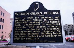 Built in 1920 for financier and philanthropist William H. McCurdy (1853-1930), president of Old National Bank. Constructed of reinforced concrete with poured concrete floors, employing architectural developments newly pioneered for industrial buildings. Building leased by Sears, Roebuck and Company in 1925 for retail use. Source: https://www.in.gov/history/markers/393.htm