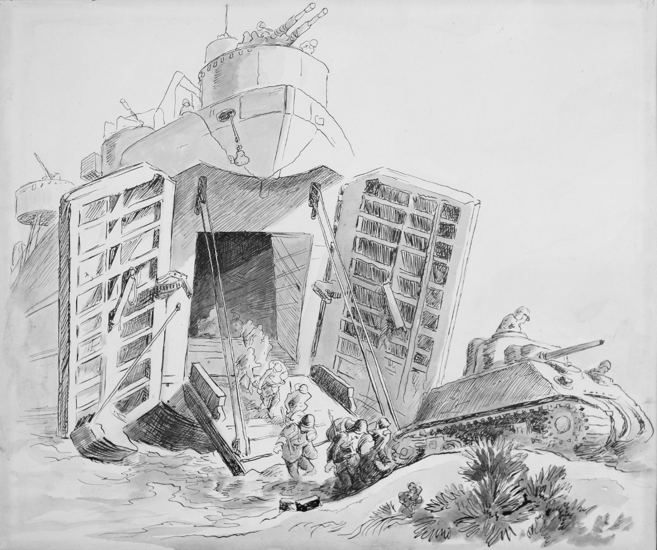 This Way Out, 1944.  Tanks and men charge out of the open bow of the LST during maneuvers on the "shakedown" trips in preparation for combat duty. Source: https://bit.ly/2M31Jo7