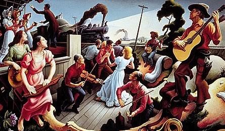 The Sources of Country Music portrays 17 nearly life-sized figures and illustrates the various cultural influences on country music, including a train, a steamboat, a black banjo player, country fiddlers and dulcimer players, hymn singers and square dancers. The painting memorializes entertainer Tex Ritter as the singing cowboy on the right. Image provided by The Country Music Foundation. Source: https://bit.ly/2YS01JL