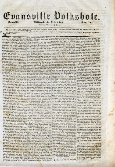 February 4, 1852 Edition of the Evansville Volksbote newspaper. Source: Arthur Rohner collection (MSS 069).