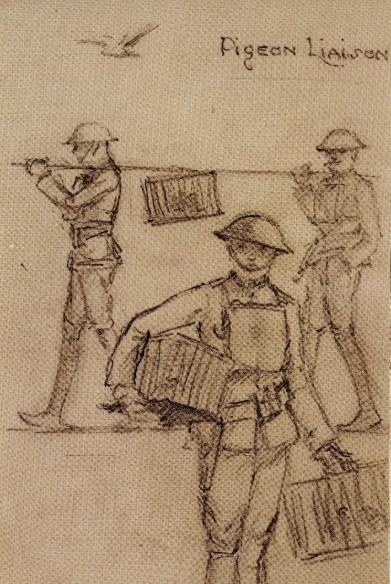 Pigeon Liaison, Charles Baskerville, Jr. Source: "The Great War. U.S. Army art". Washington, D.C: Center of Military History, United States Army, 2018. Special Collections, D522 .G66 2018.