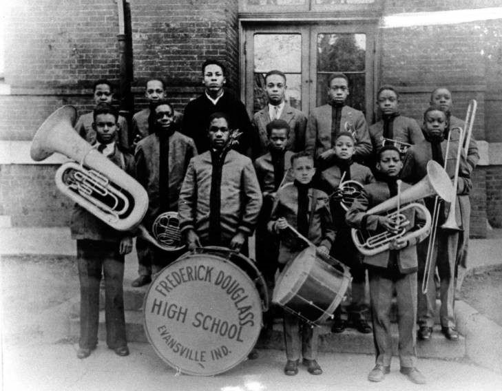 He also revived the Vanderburgh County Historical Association, which led to the acquisition of several of our UASC collections. A number of the collections that document the history of Evansville were donated specifically because of Dr. Bigham’s efforts. These include the four collections that comprise the African-American Community Gallery, the Meyer-Schlamp collection, and the Evansville Government collection. The African-American Gallery contains photographs from Charlotte Moody, Alfred Porter, Solomon Stevenson, Charles Rochelle collections. One of these photographs is this one, circa 1918-1928, of the Frederick Douglass High School band, MSS 284-008.