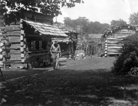 Lincoln Pioneer Village in Rockport, IN. These 14 cabins are replicas of those Abraham Lincoln would have known. WPA work here from 1935-1936 included landscaping and the building of cabins and a lake. Source: MSS 157-1045, Schlamp-Meyer Family collection.