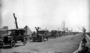Cars driving through Griffin, Indiana for tornado relief, 1925.