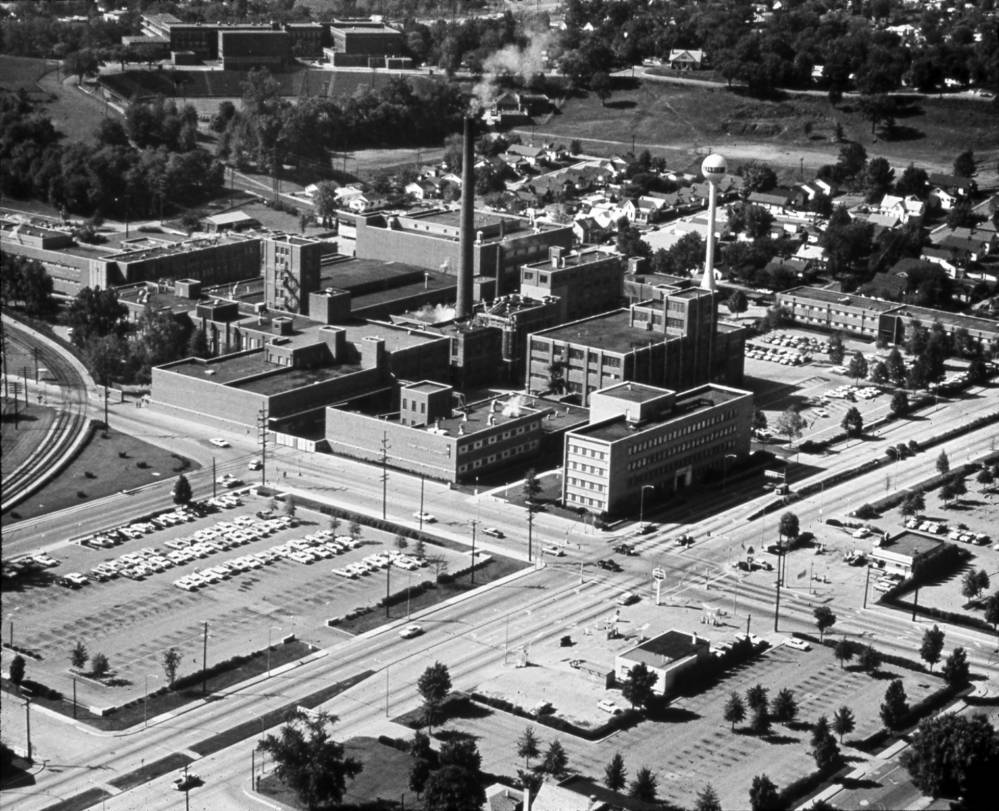 Mead Johnson complex in Evansville, Indiana. The road intersection is St. Joseph Avenue and Pennsylvania Street (later becoming the Lloyd Expressway), 1966. Source: UASC, MSS 184-0671.