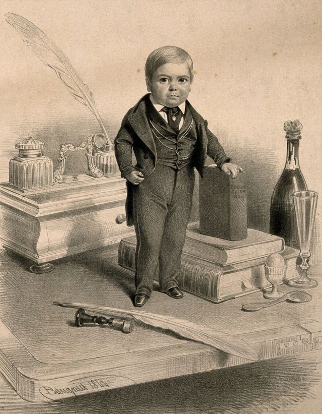 Figure 1: Illustration of Tom Thumb as an adolescent next to some objects. (Wellcome Collection, Charles Baugniet, 1844)